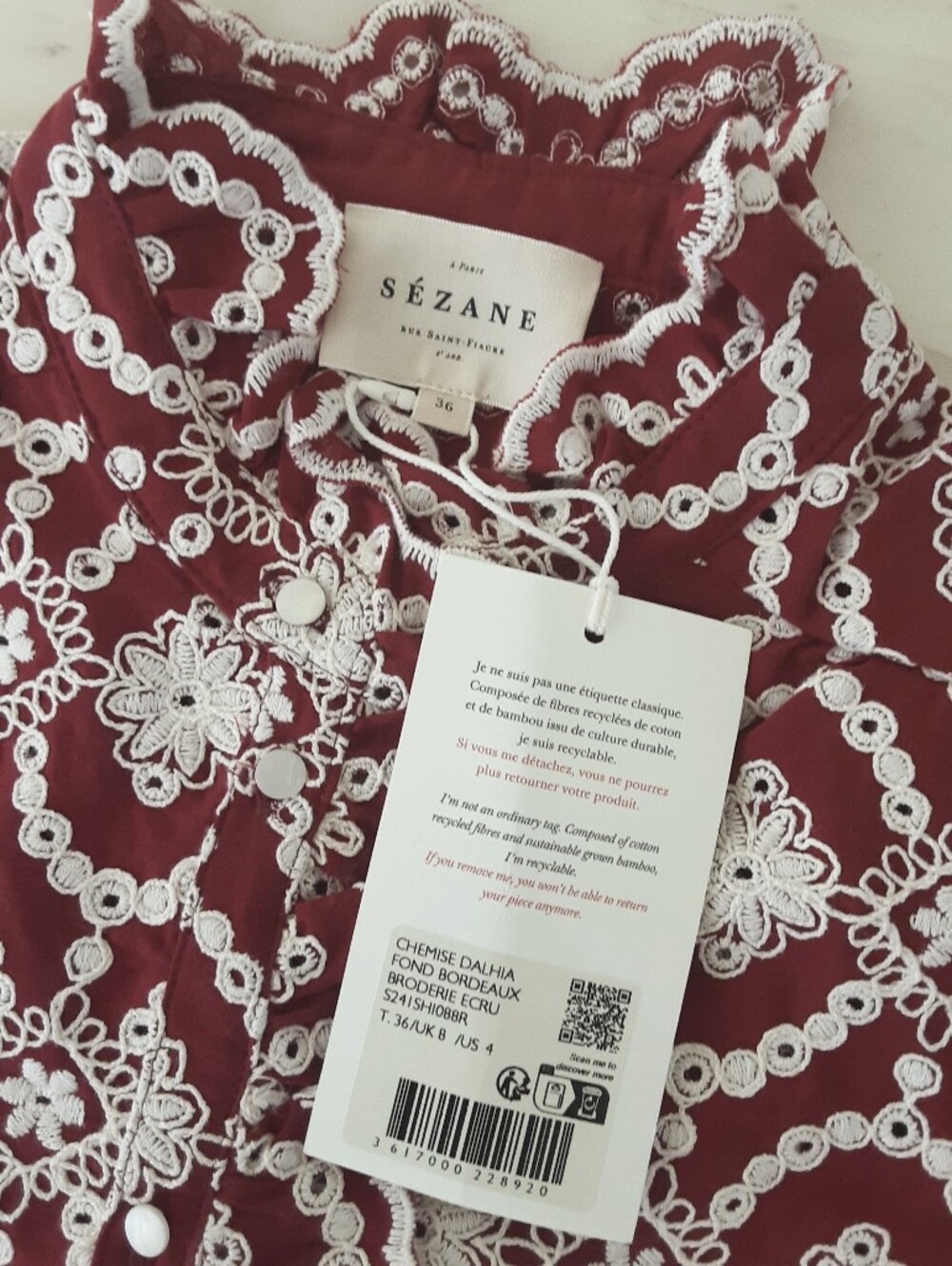 Sézane Dalhia Embroidered Burgundy|Cream Short Sleeve Shirt Blouse Sz 36 NWT - Picture 9 of 9